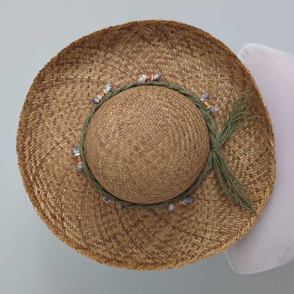 Straw Beach Hat Large Brim Braided Twine and Shell Accents at Crown